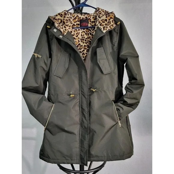 Yoki Olive‎ Green Anorak Jacket Leopard Faux Fur Lined Hooded Drawstring - Picture 3 of 11